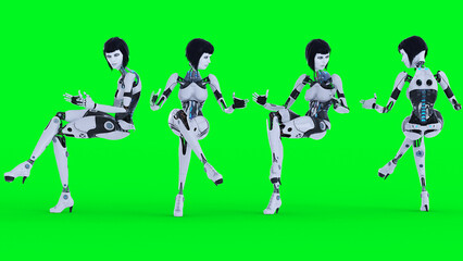 Female sexy robot sitting. Green screen isolate. 3d rendering.