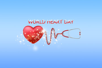 World Heart Day concept, heart with a stethoscope, 3D rendering