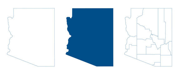 Arizona map. Detailed blue outline and silhouette. Administrative divisions and counties. Set of vector maps. All isolated on white background. Template for design and infographics.