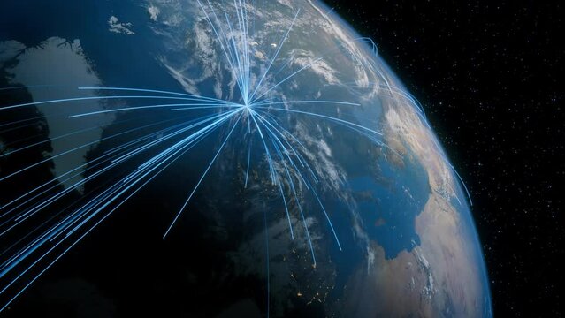 Earth in Space. Blue Lines connect Oslo, Norway with Cities across the World. Global Travel or Business Concept.