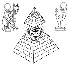 Animation monochrome drawing: symbol of  Egyptian pyramid inside a shining sun and all-seeing eye. God Ra in form a bird and man. Vector illustration isolated on a white background. 