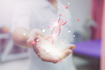Medicine doctor holding pink helix DNA structure on 3d illustration  hologram modern virtual screen...