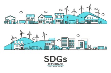 シンプルでかわいい、SDGsを意識した太陽光パネルや風力電力などがある街並みのベクターイラスト素材／家／住まい