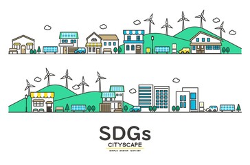 Obraz premium シンプルでかわいい、SDGsを意識した太陽光パネルや風力電力などがある街並みのベクターイラスト素材／家／住まい