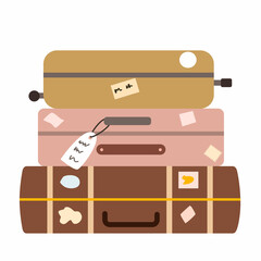 Bright suitcases are stacked on top of each other. Vector illustration of luggage in a flat style.