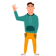 A fashionable handsome man in casual clothes greets. Friendly greeting of a young guy. Vector illustration in a flat style, isolated on a white background.