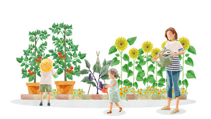 家庭菜園で水やりをする人の手書き水彩風イラスト