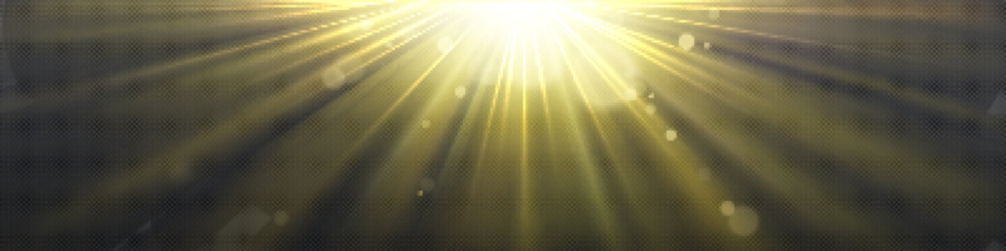 Sun light effect with yellow rays and lens glare isolated on transparent background. Vector realistic illustration of abstract flare or sunlight shine with blurred beams