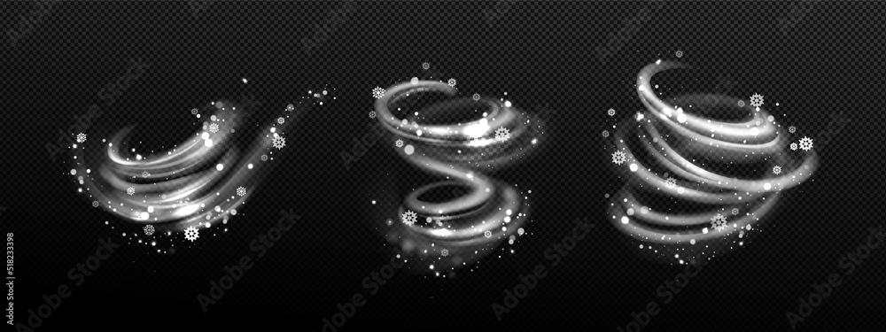 Wall mural winter wind effect with swirls and waves of white mist clouds with snow. vector realistic set of bli