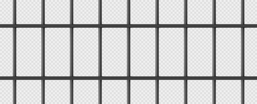 Gold cage, jail with golden metal bars. Realistic prison fence, grates, metallic rods. Criminal grid pattern, jailhouse or birdcage isolated on transparent background. 3d vector Illustration