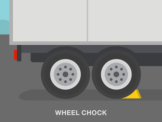 Heavy vehicle driving tips and safety rules. Close-up view of wheel stopper or chock. Flat vector illustration template. - obrazy, fototapety, plakaty