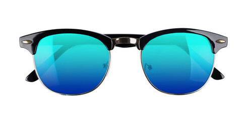 New stylish sunglasses with light blue lenses on white background, top view