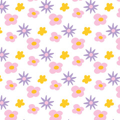 Groovy pattern with flowers. Retro pattern with pink flowers. Seamless pattern in 60s or 70s style. Vector illustration.