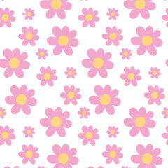 Fototapeta na wymiar Groovy pattern with flowers. Retro pattern with pink flowers. Seamless pattern in 60s or 70s style. Vector illustration.