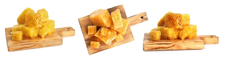 Set with fresh delicious honeycombs on white background. Banner design