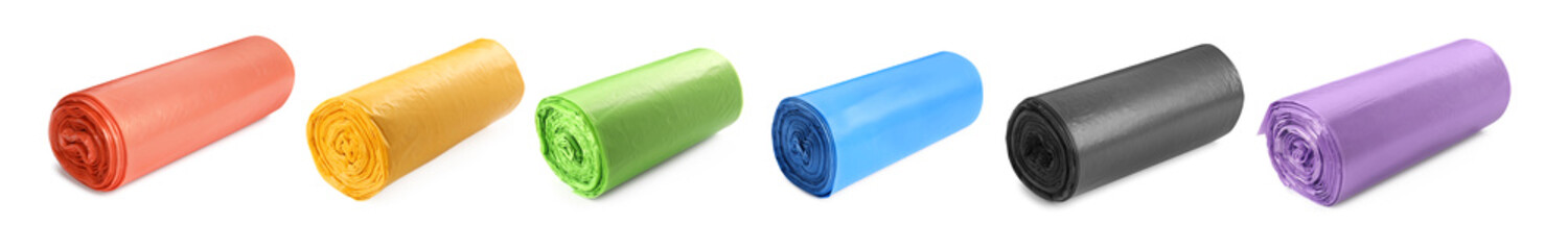 Set with rolls of garbage bags on white background. Banner design