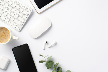 Business concept. Top view photo of workstation keyboard computer mouse eucalyptus cup of coffee...