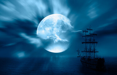 Sailing old ship in calm sea - Night sky with moon in the clouds "Elements of this image furnished by NASA
