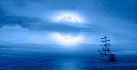Foto op Canvas Zeilend oud schip in stormzee - Nachtelijke hemel met maan in de wolken &quot Elementen van deze afbeelding geleverd door NASA © muratart