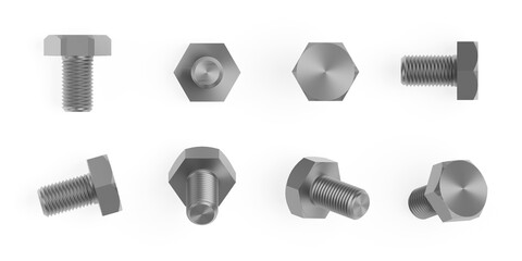 Stainless steel hex head screw in various positions for online shop product card. Isolated on white background. 3d illustration.