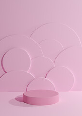 Light, pastel, lavender pink 3D rendering simple, minimal, blank product photography display with one cylinder podium stand with circle bubbles in the background for cosmetic products