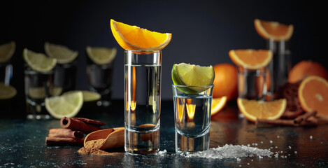 Tequila shots on a black background.