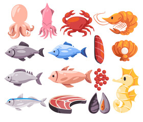 Fish restaurant cute sea animal cartoon of octopus tuna prawn crab and other seafood