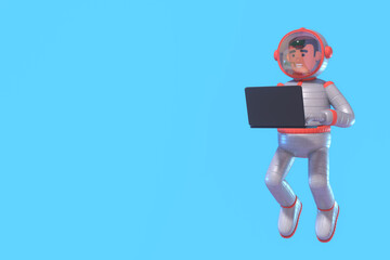 3d render of astronaut in space suit working with black laptop