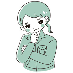 考え事をしている作業服を着たシニア女性のイラスト