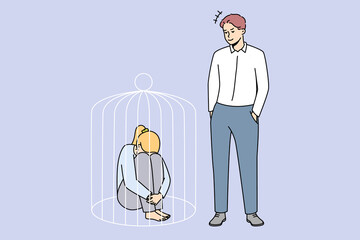 Authoritarian man lock woman in cage. Wife suffer from domestic violence and no rights. Toxic relationships concept. Vector illustration.  - obrazy, fototapety, plakaty