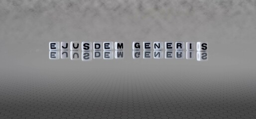 ejusdem generis word or concept represented by black and white letter cubes on a grey horizon background stretching to infinity