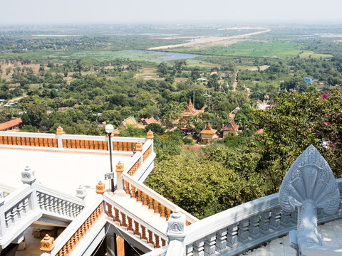 Scenic view from the observation platform at the top of Oudong mountain temple complex in Cambodia