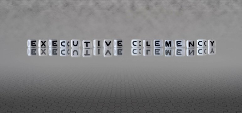 executive clemency word or concept represented by black and white letter cubes on a grey horizon background stretching to infinity