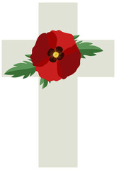 Poppy flowers on cross gravestone for remembrance day icon