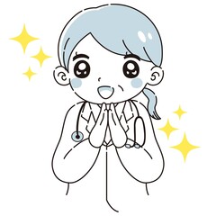 ときめく白衣を着たシニア女性のイラスト（聴診器付き）