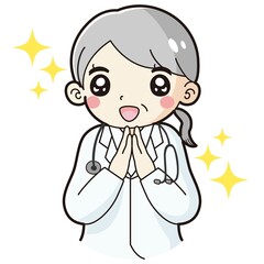 ときめく白衣を着たシニア女性のイラスト（聴診器付き）