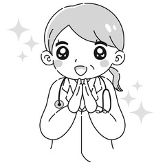 ときめく白衣を着たシニア女性のイラスト（聴診器付き）