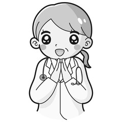 ときめく白衣を着たシニア女性のイラスト（聴診器付き）