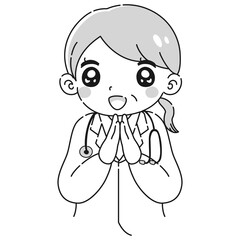 ときめく白衣を着たシニア女性のイラスト（聴診器付き）