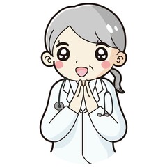 ときめく白衣を着たシニア女性のイラスト（聴診器付き）