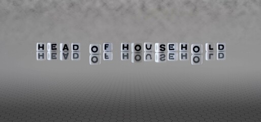 head of household word or concept represented by black and white letter cubes on a grey horizon...