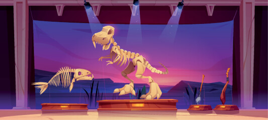 Historical museum with fossil dinosaur and fish skeletons, stone age tools. Vector cartoon illustration of paleontology exhibition with prehistoric extinct animals bones and archaeology exhibits © klyaksun