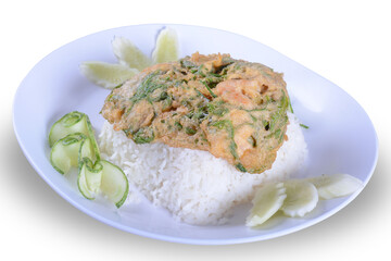 Omelet or Acacia Pennata  served with jasmine rice in white dish isolated on white background with clipping path
