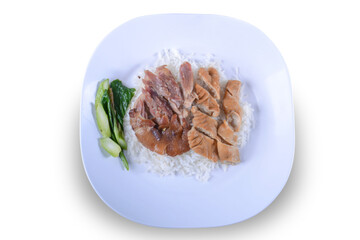 Stewed pork leg with rice on white background. Thai food Stewed pork leg with rice on white background. Thai food with clipping path
