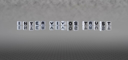 inter vivos trust word or concept represented by black and white letter cubes on a grey horizon background stretching to infinity