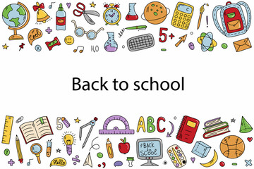 Background with school and educational items in doodle style, hand drawn vector symbols and objects. Colorful drawings for your design for Teacher's Day