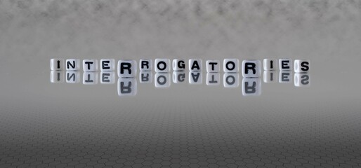 interrogatories word or concept represented by black and white letter cubes on a grey horizon background stretching to infinity - obrazy, fototapety, plakaty