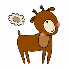 Cute bright deer in doodle style. Vector illustration isolated on white background for nursery and textile decoration