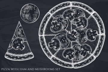 Pizza hand drawn vector illustrations collection. Chalk pizza with ham and mushrooms.