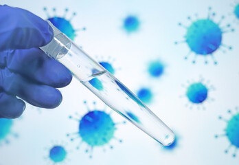 Gloved doctor's hand holds test tube with transparent liquid on background of bacteria...